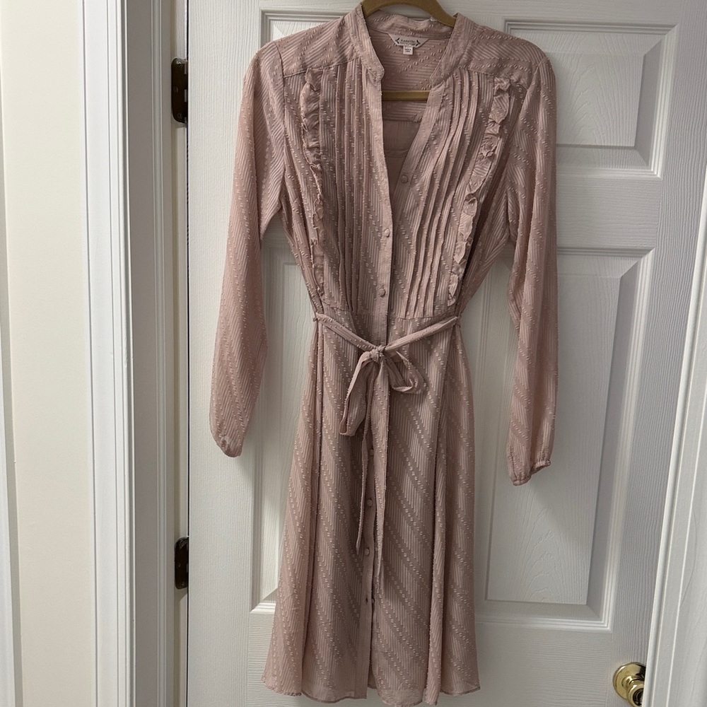 Nanette Lenore Light Blush Ruffle-Trim Shirt Dress with Tie Waist